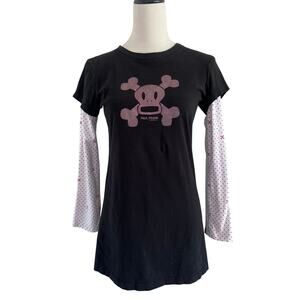 Paul Frank Twofer Tee Womens Sm Skull Julius Black White Long Sleeves Retro Y2K